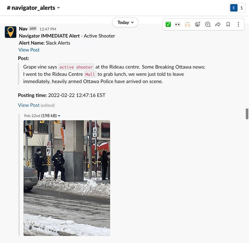 A screenshot of a Navigator Alert in a Slack workspace.