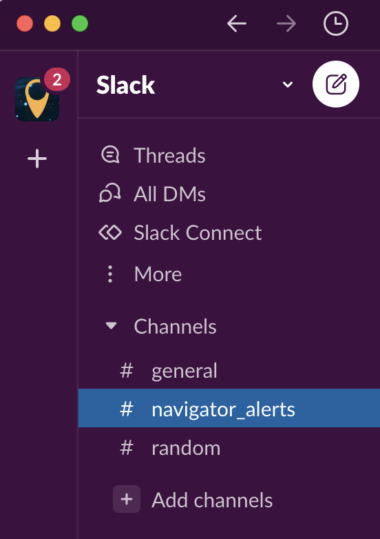 A screenshot of Navigator alerts channel