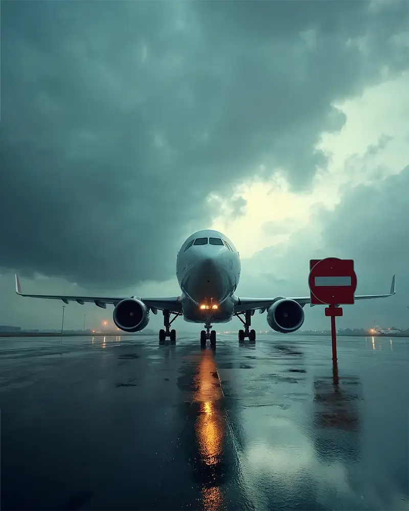 Airplane on a rainy runway